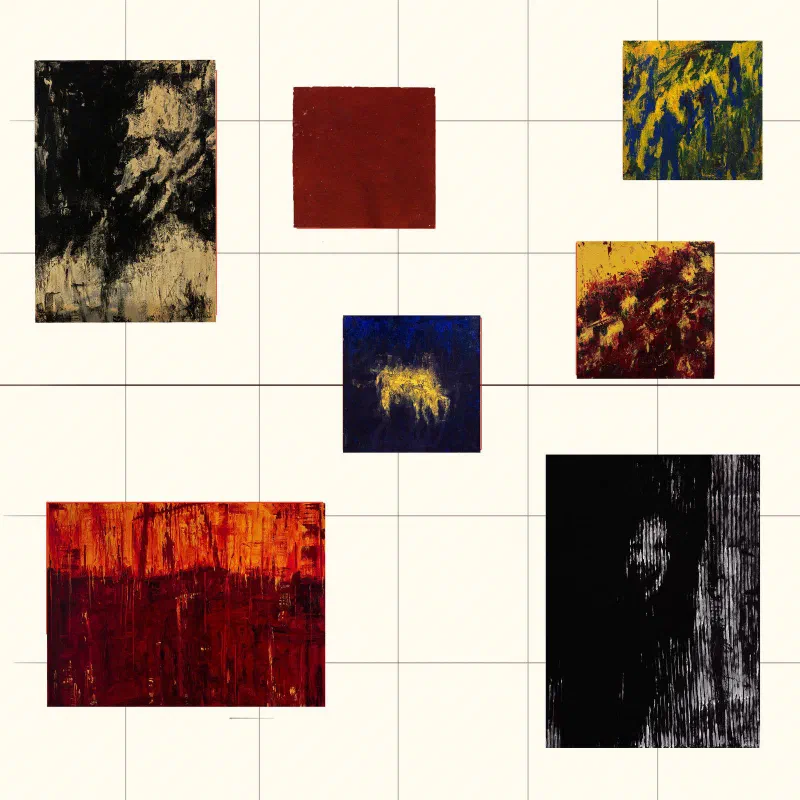 A hanging plan: seven of Andrada's 2026 paintings arranged on a grid.