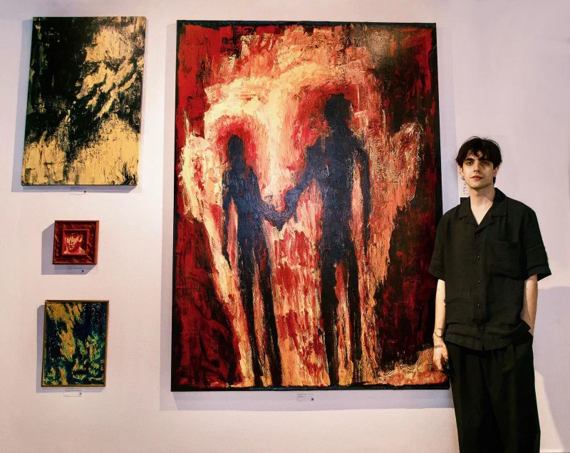 Andrada beside One Without Half at Art Week Toronto, August 2026, with three smaller works to its left.