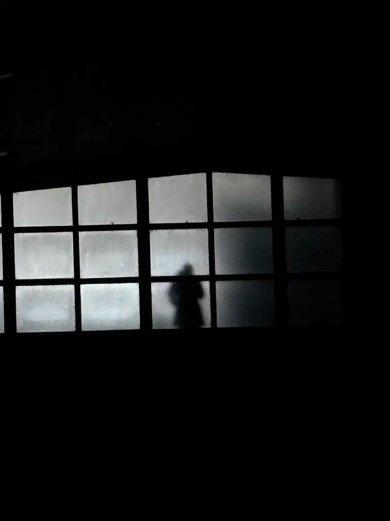 A silhouette behind a frosted window grid, May 2026.