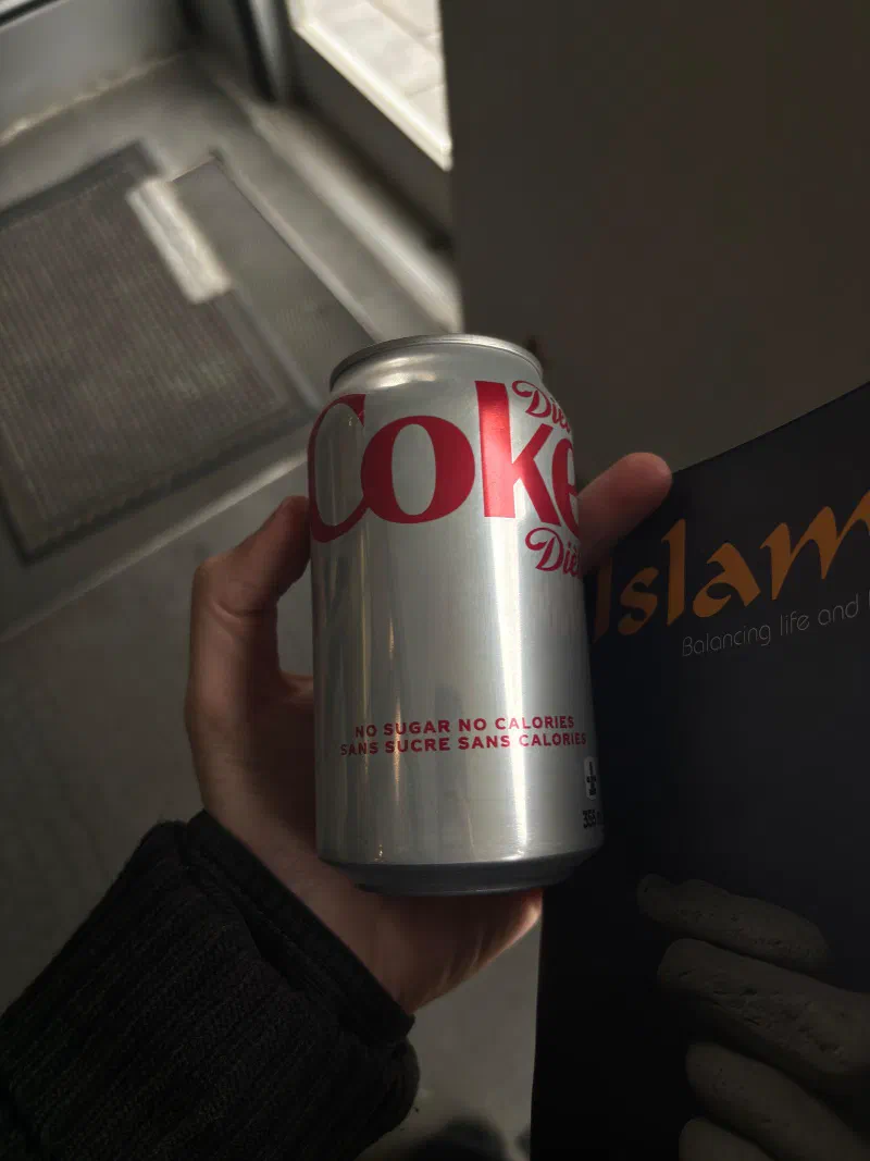 A can of Diet Coke held up indoors, October 2026.