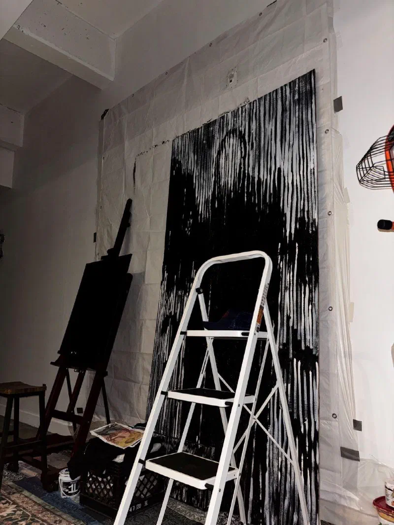 Untitled (Death), 2025, a nine-foot painting on plywood, against the wall of the third studio.