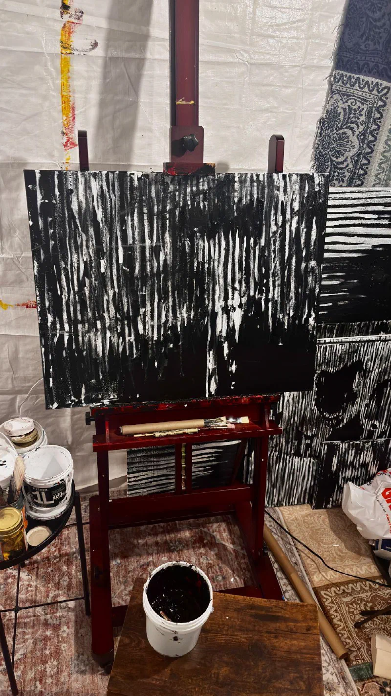 Silhouette man (2026), finished, on the easel in the third studio.