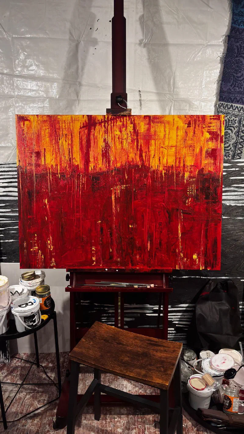 Jogo da Forca (2026), finished, on the easel in the third studio.