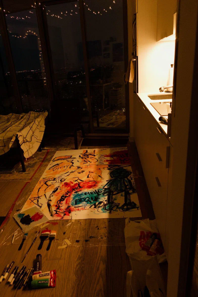 Andrada's first studio was his first apartment in Toronto, where he worked wherever there was room. Here the finished Untitled (PEQUE-NO), 2024, lies on the floor.