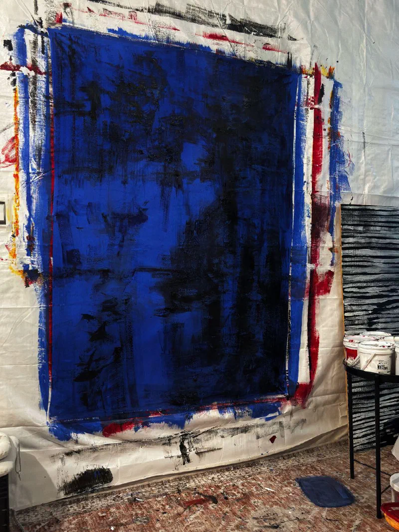 A Lover's Gasp (2026), finished, on the studio wall.