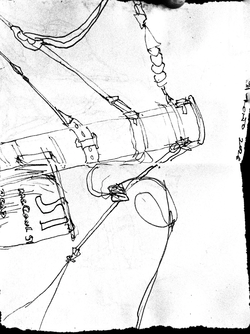 A sketchbook drawing of a street pole with its cables and a street sign, July 2026.