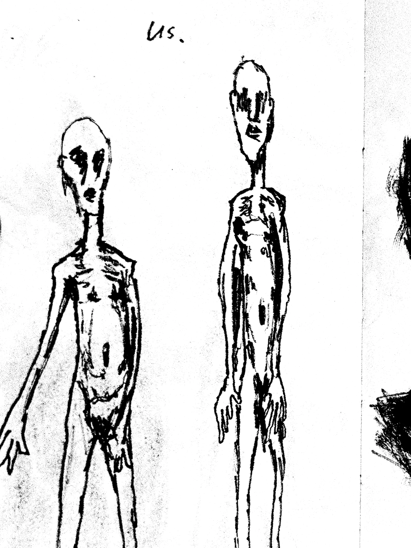A sketchbook drawing of two gaunt figures, headed "us.", July 2026.