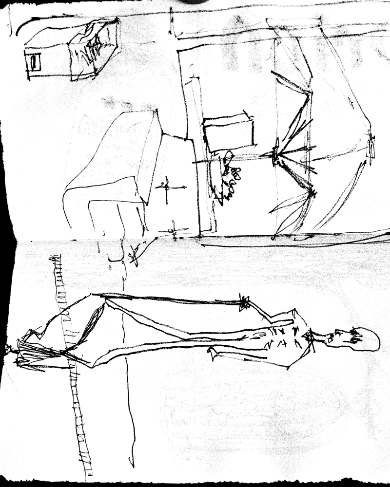 The café and tall-figure spread, scanned in high contrast.