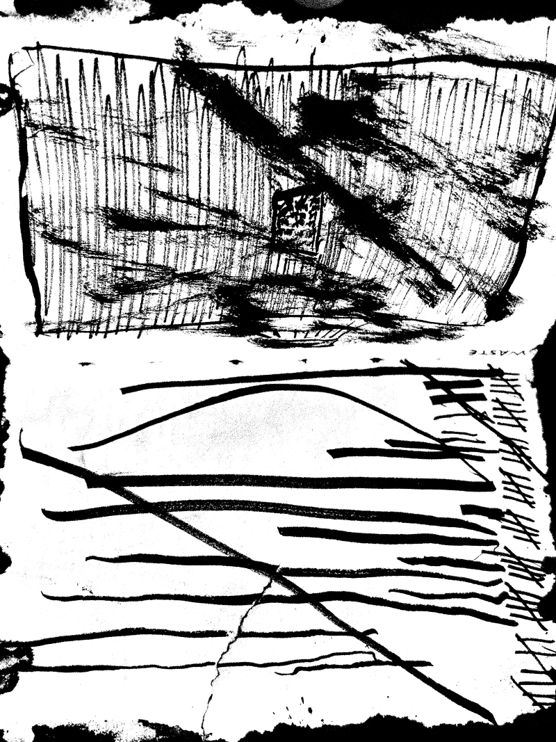 An abstract ink page of hatching and tally marks, July 2026.