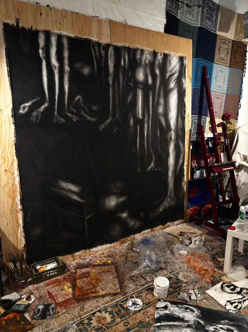 v. Autogamous (2026), 84 × 84 in, against the plywood wall of the studio, August 2026.
