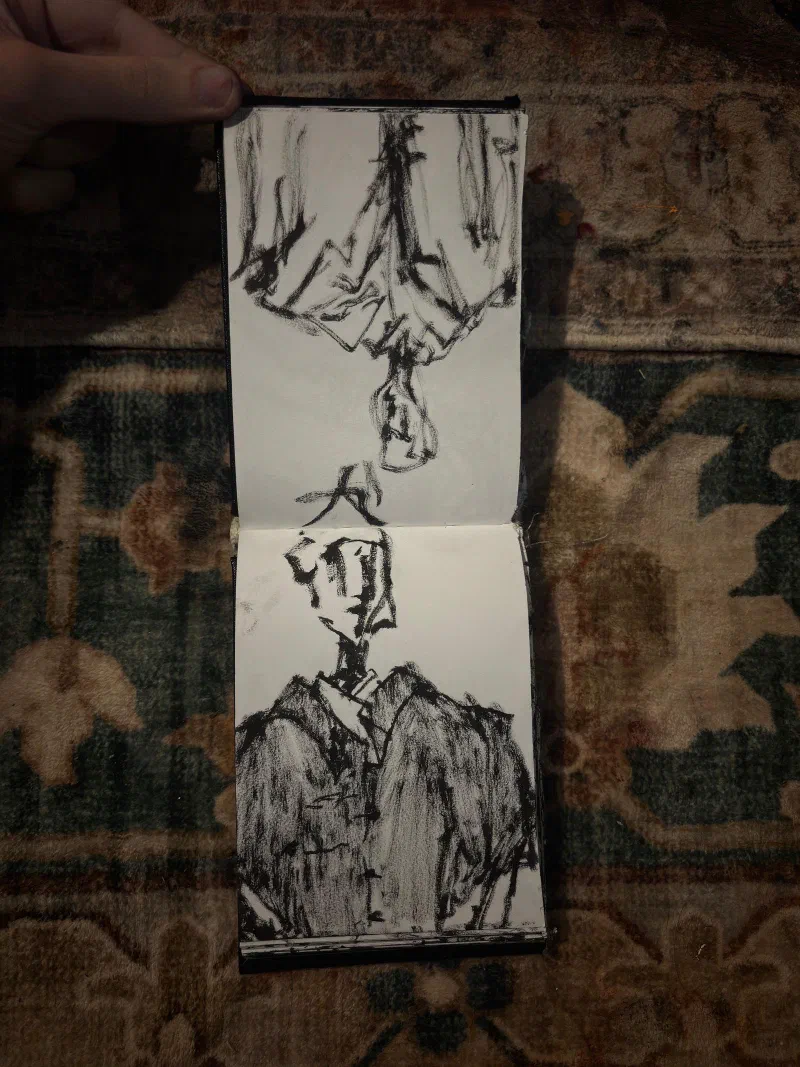 A sketchbook spread: an upside-down figure above a figure in a coat, August 2026.