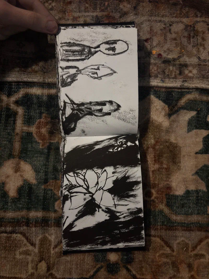 A sketchbook spread: three heads and a flower, August 2026.
