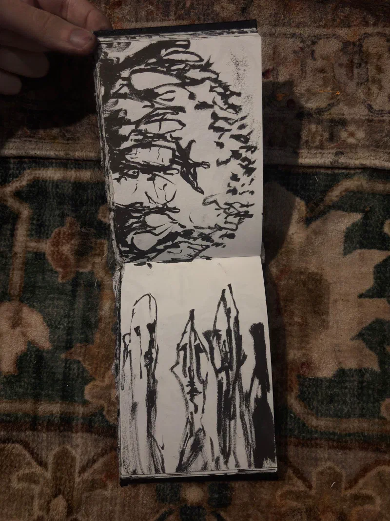 A sketchbook spread: dense black branches above standing forms, August 2026.