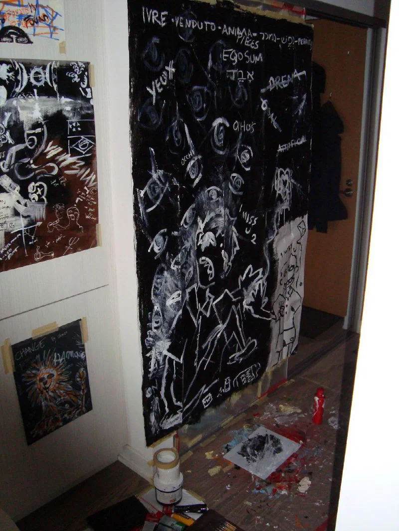 A study painting taped to the mirrored door by the entrance of the first studio, 2024.