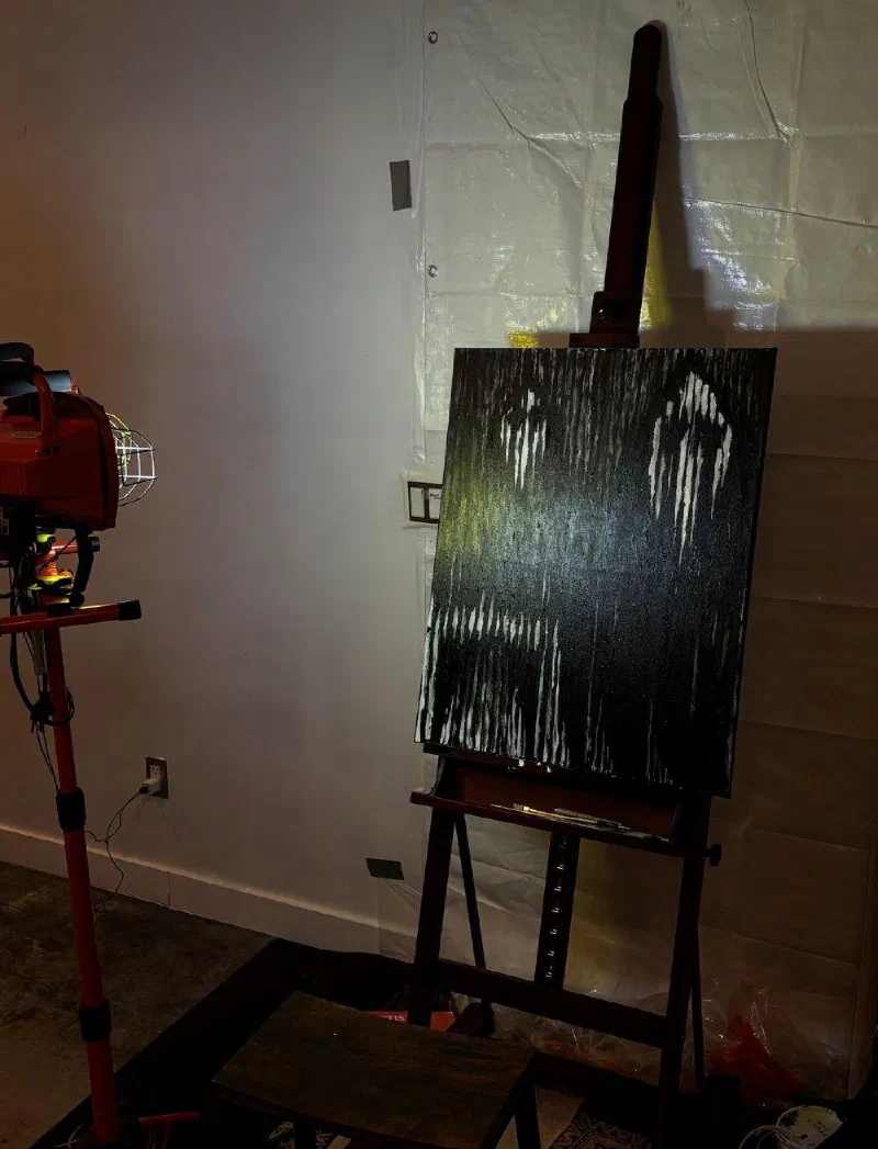 An untitled 2026 painting on the easel in the third studio.